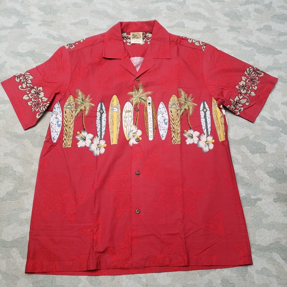 Vintage Winnie Fashion Shirt Mens Large Red Short Sleeve Button Surfboard‎